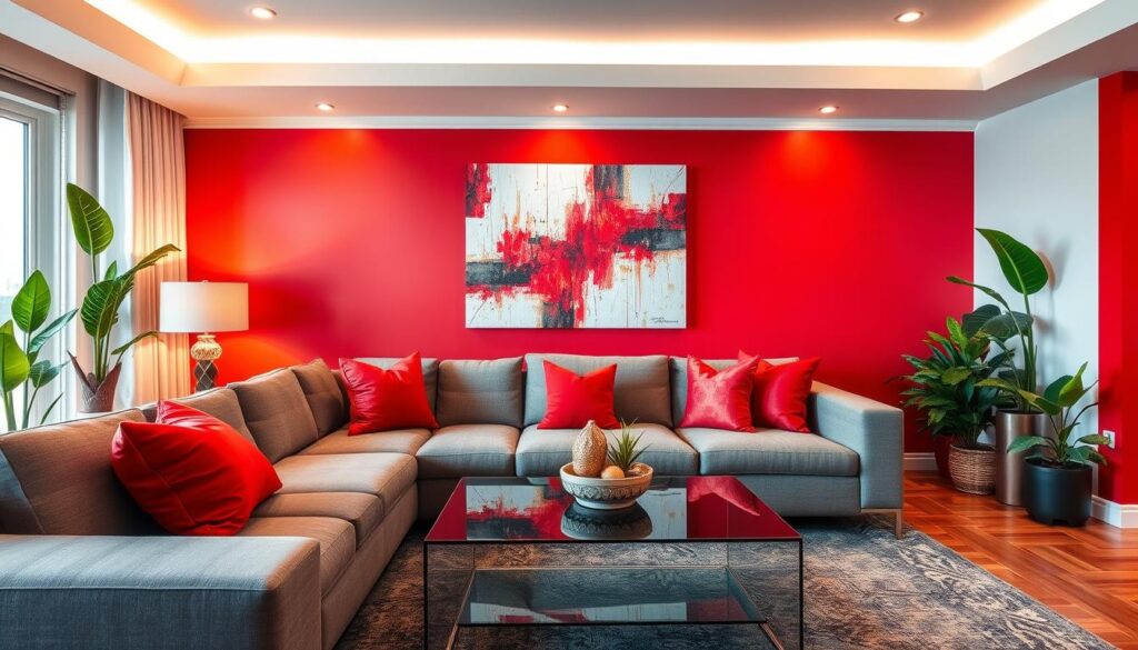 living room decor with red accent color