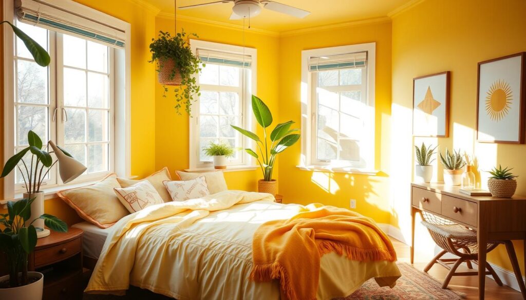 yellow bedroom color, cheerful bedroom