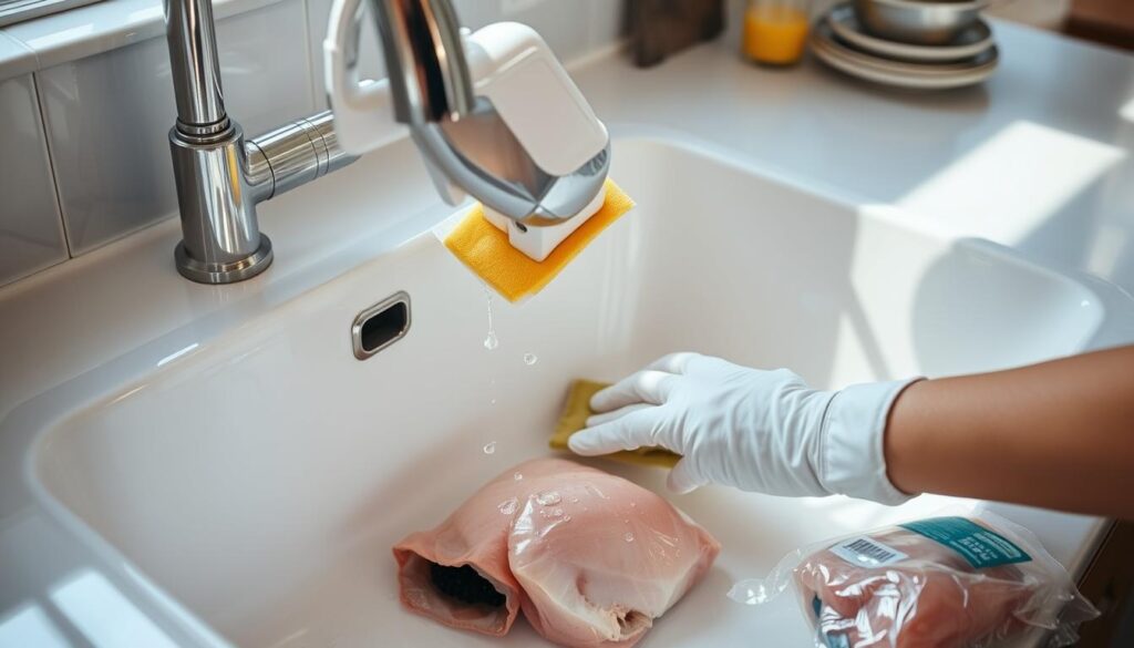 sanitizing sink after raw chicken cleanup