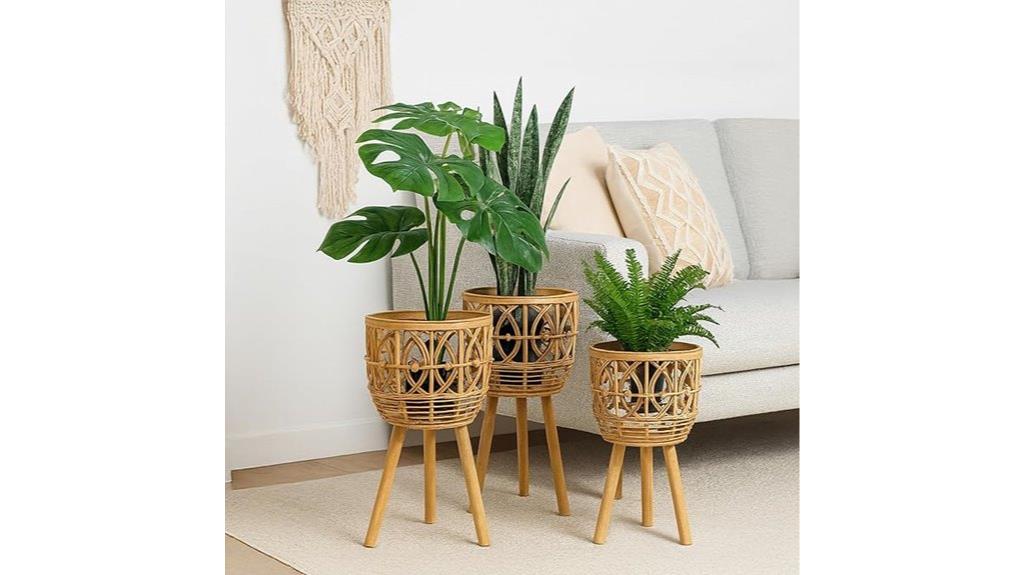 three wooden plant holders